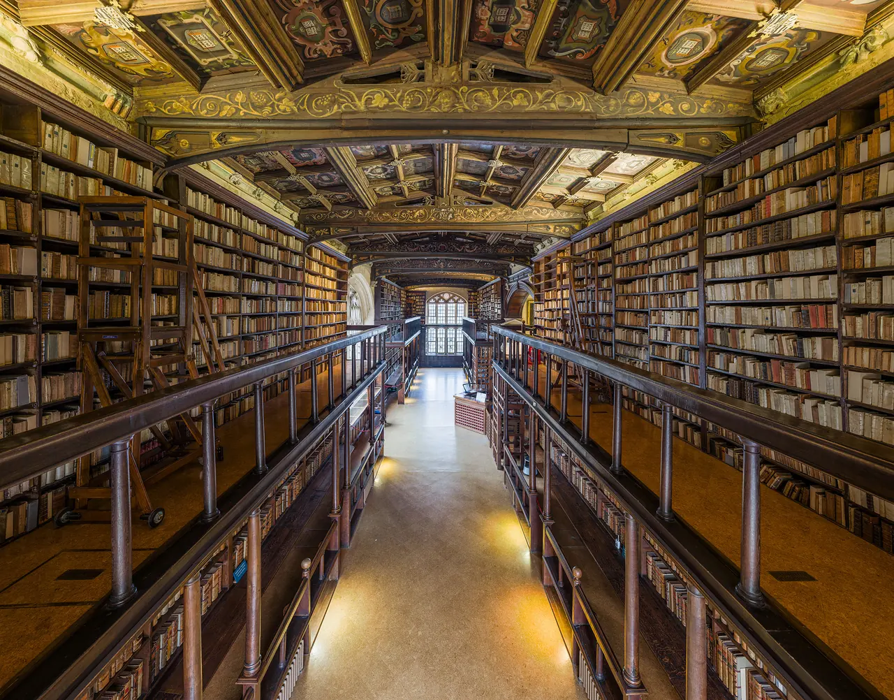 Ein langer Gang in der Duke Humfrey's Library, beiderseits Regale mit alten Büchern unter einer bemalten Decke